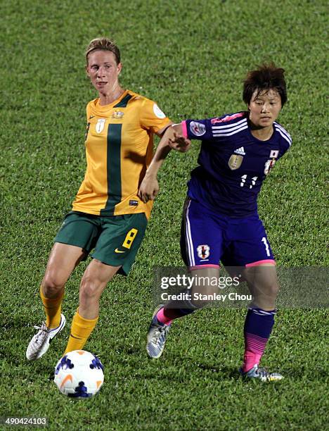Elise Kellond of Australia battles with Kira Chinatsu of Japan during the AFC Women's Asian Cup Group A match between Australia and Japan at Thong...