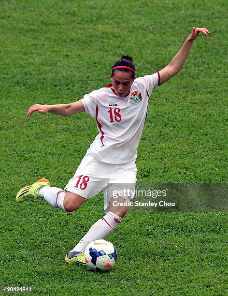 Hebah of Jordan kicks the ball during the AFC Women's Asian Cup Group A match between Vietnam and Jordan at Thong Nhat Stadium on May 14, 2014 in Ho...
