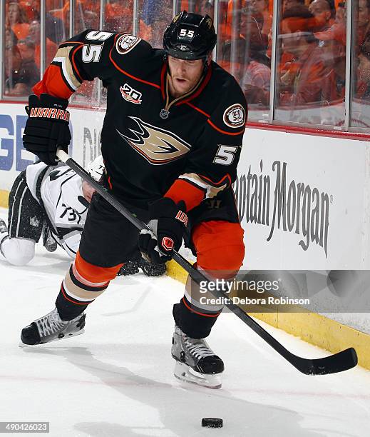 Bryan Allen of the Anaheim Ducks handles the puck against the Los Angeles Kings during Game One of the Second Round of the 2014 Stanley Cup Playoffs...