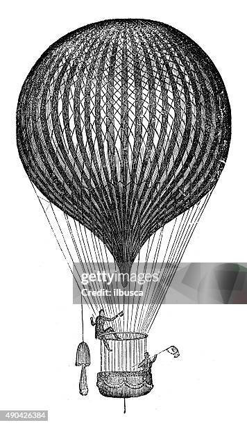 antique illustration of air balloon and flying machine prototypes - airship stock illustrations