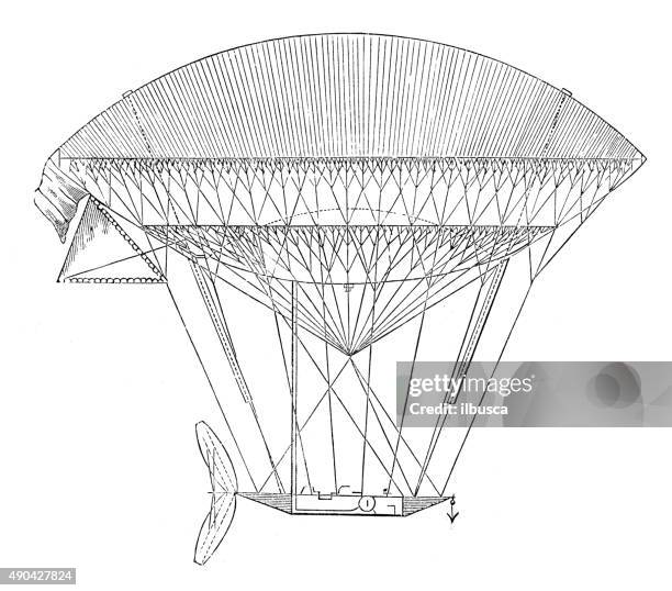 antique illustration of air balloon and flying machine prototypes - intellectual property stock illustrations