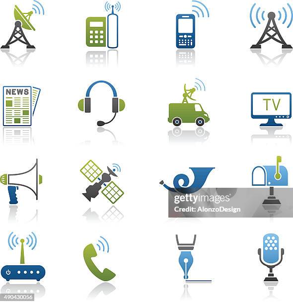 media and communication icon set - broadcasting van stock illustrations