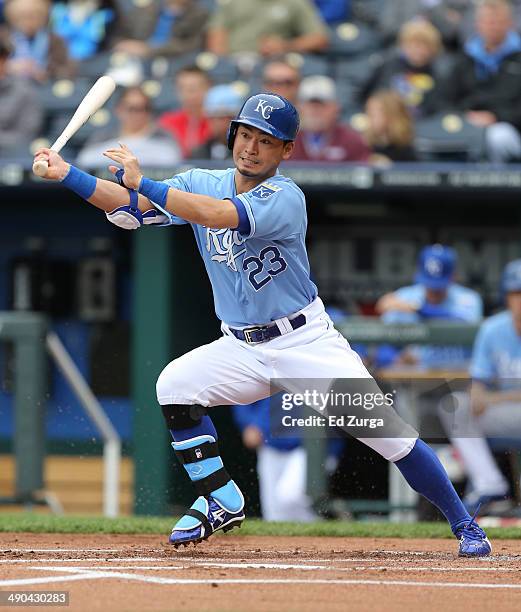 Norichika Aoki of the Kansas City Royals fouls the ball off as he bats against the Colorado Rockies in the first inning at Kauffman Stadium on May...