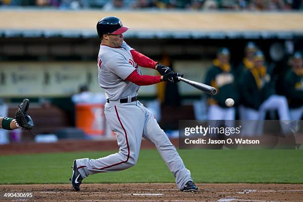 Scott Hairston of the Washington Nationals at bat against the Oakland Athletics during the second inning at O.co Coliseum on May 9, 2014 in Oakland,...