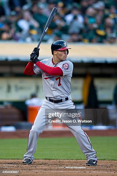 Scott Hairston of the Washington Nationals at bat against the Oakland Athletics during the second inning at O.co Coliseum on May 9, 2014 in Oakland,...