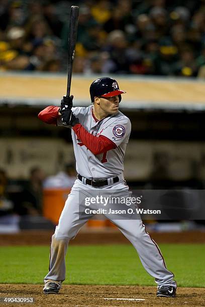 Scott Hairston of the Washington Nationals at bat against the Oakland Athletics during the seventh inning at O.co Coliseum on May 9, 2014 in Oakland,...