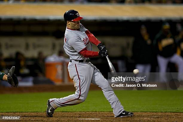 Scott Hairston of the Washington Nationals at bat against the Oakland Athletics during the seventh inning at O.co Coliseum on May 9, 2014 in Oakland,...
