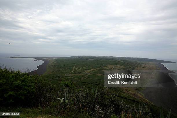 Iwojima beach is seen from Mt. Suribachi during the Field Carrier Landing Practice of the Carrier Air Wing 5 of U.S. Naval Air Facility Atsugi on May...