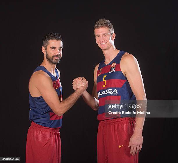 Juan Carlos Navarro, #11 of FC Barcelona Lassa and Justin Doelman, #5 poses during the 2015/2016 Turkish Airlines Euroleague Basketball Media Day at...