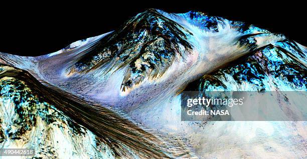In this handout provided by NASA's Mars Reconnaissance Orbiter, dark, narrow streaks on the slopes of Hale Crater are inferred to be formed by...