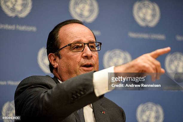 French President Francois Hollande holds a press conference after addressing the United Nations General Assembly on September 28, 2015 in New York...