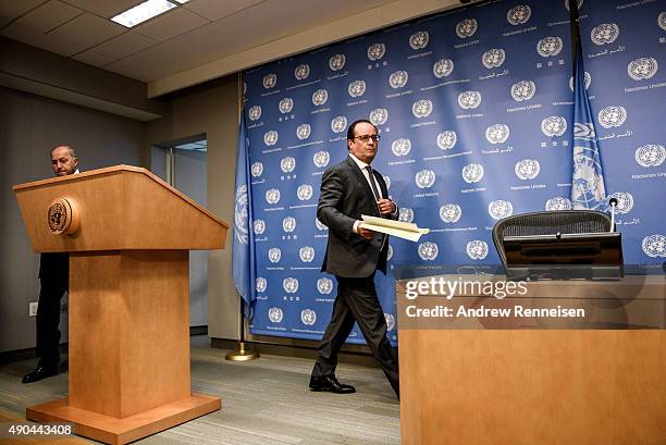 French President Francois Hollande arrives to hold a press conference after addressing the United Nations General Assembly on September 28, 2015 in...