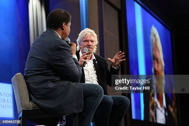 Astrophysicist Neil DeGrasse Tyson interviews Sir Richard Branson during the 2015 Clinton Global Initiative Annual Meeting on September 28, 2015 in...