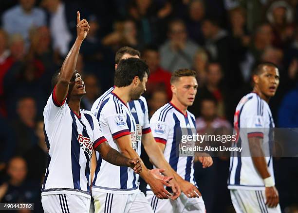 Saido Berahino of West Bromwich Albion celebrates with team mates as he scores their first goal during the Barclays Premier League match between West...