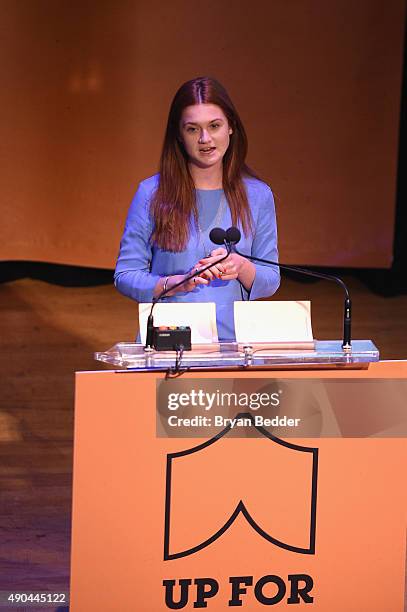 Actress Bonnie Wright speaks onstage at an event with Theirworld and UNICEF to get all children #UpforSchool on September 28, 2015 in New York City.