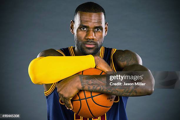 LeBron James of the Cleveland Cavaliers during the Cleveland Cavaliers media day at Cleveland Clinic Courts on September 28, 2015 in Independence,...