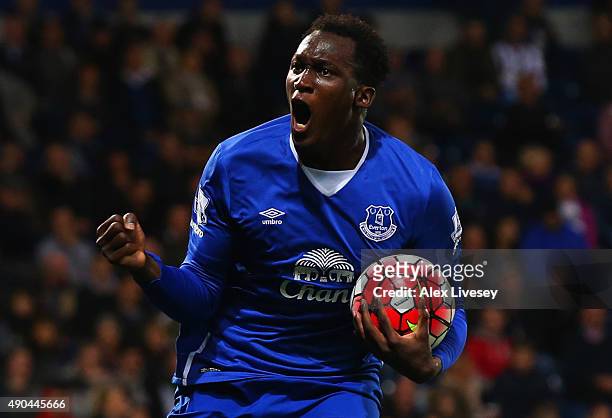 Romelu Lukaku of Everton celebrates as he scores their first goal during the Barclays Premier League match between West Bromwich Albion and Everton...