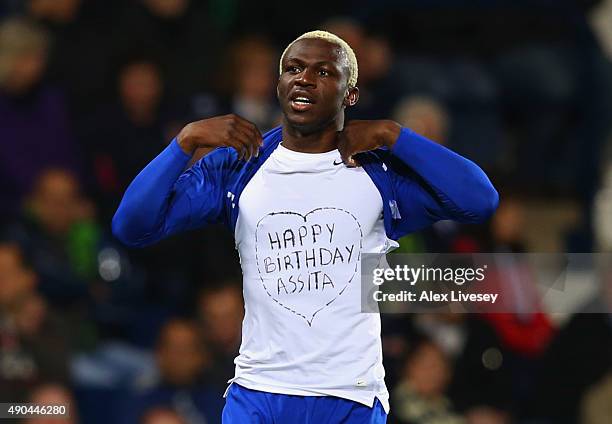 Arouna Kone of Everton celebrates as he scores their second and equalising goal during the Barclays Premier League match between West Bromwich Albion...