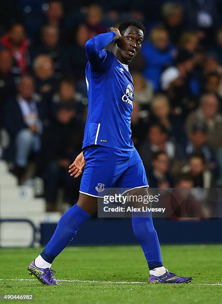 Romelu Lukaku of Everton celebrates as he scores their third goal during the Barclays Premier League match between West Bromwich Albion and Everton...