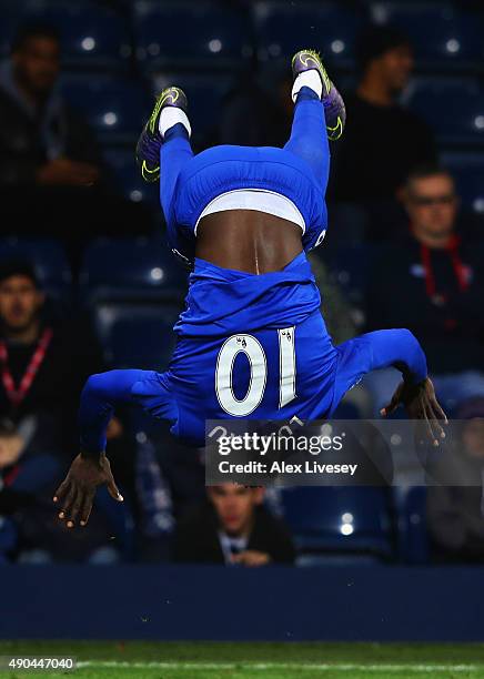 Romelu Lukaku of Everton celebrates as he scores their third goal during the Barclays Premier League match between West Bromwich Albion and Everton...