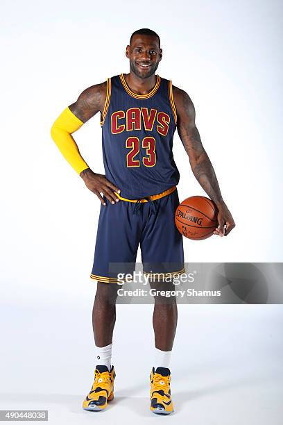 LeBron James of the Cleveland Cavaliers poses for a photo during media day on September 28, 2015 at the Cleveland Clinic Courts in Independence,...