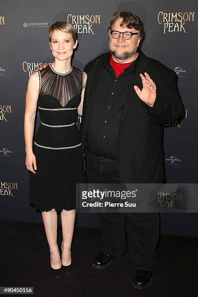 Guillermo Del Toro and Mia Wasikowsk attendMia Wasikowsk the premiere of 'Crimson Peak' at UGC Cine Cite Bercy on September 28, 2015 in Paris, France.