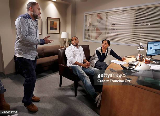 Anthony Anderson, Tracee Ellis Ross, Kenya Barris are photographed during rehearsal of ABC's comedy 'Black-ish' for Los Angeles Times on August 13,...