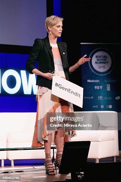 Actress Charlize Theron speaks at the 2015 Social Good Summit at 92Y on September 28, 2015 in New York City.