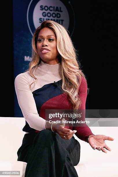 Actress Laverne Cox speaks at the 2015 Social Good Summit at 92Y on September 28, 2015 in New York City.
