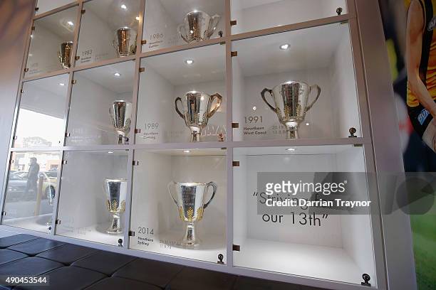 The Premiership Cup trophy cabinet is seen before Hawthorn Hawks AFL training session at Waverley Park on September 29, 2015 in Melbourne, Australia.