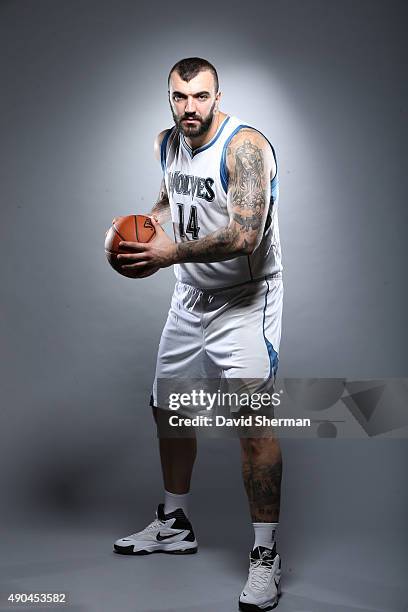 Nikola Pekovic of the Minnesota Timberwolves pose for portraits during 2015 Media Day on September 28, 2015 at Target Center in Minneapolis,...