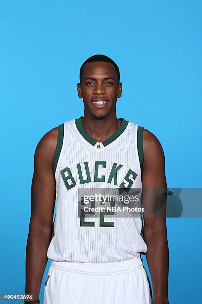 Khris Middleton of the Milwaukee Bucks poses for a portrait during Media Day on September 28, 2015 at the Orthopaedic Hospital of Wisconsin Training...