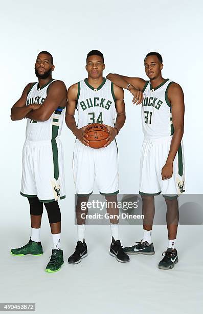 Greg Monroe Giannis Antetokoumpo and John Henson of the Milwaukee Bucks pose for a portrait during Media Day on September 28, 2015 at the Orthopaedic...