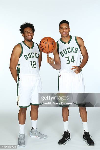 Jabari Parker and Giannis Antetokounmpo of the Milwaukee Bucks pose for a portrait during Media Day on September 28, 2015 at the Orthopaedic Hospital...