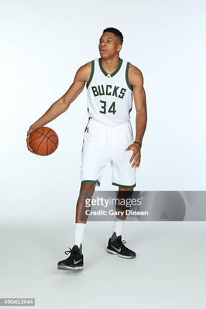 Giannis Antetokounmpo of the Milwaukee Bucks poses for a portrait during Media Day on September 28, 2015 at the Orthopaedic Hospital of Wisconsin...