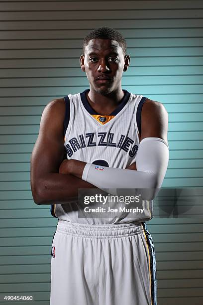 Jordan Adams of the Memphis Grizzlies poses for a portrait during their 2015 media day at FedExForum on September 28, 2015 in Memphis, Tennessee....