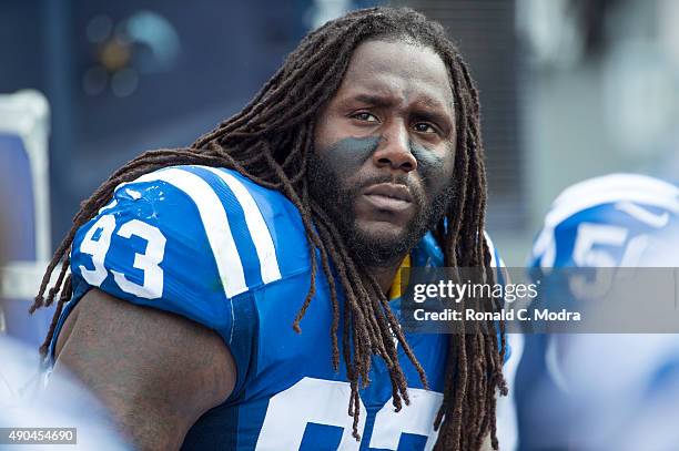 Erik Walden of the Indianapolis Colts looks on during a NFL game against the Tennessee Titans at Nissan Stadium on September 27, 2015 in Nashville,...