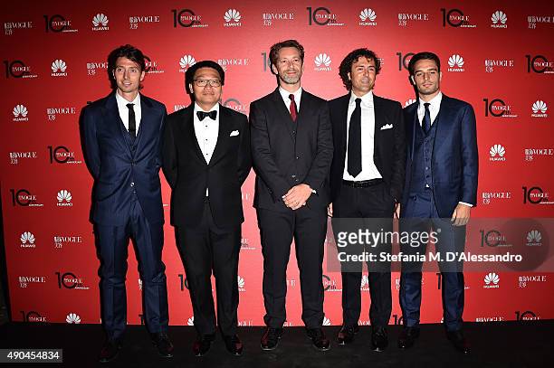 Riccardo Montolivo, guests, Daniele De Grandis and Giacomo Bonaventura attend Vogue China 10th Anniversary at Palazzo Reale on September 28, 2015 in...