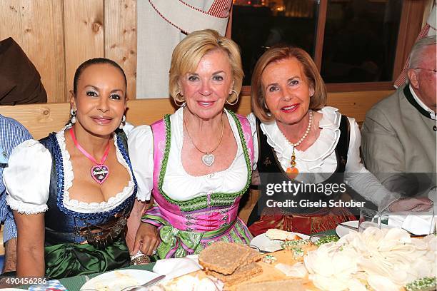 Jochi Sauerland, Liz Mohn, Bertelsmann, and Jimmy Schmied during the 'Sauerland Stammtisch' at Oktoberfest 2015 at Weinzelt /Theresienwiese on...