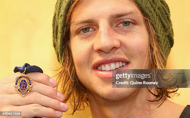 Brownlow Medal winner Nat Fyfe of the Dockers poses during a media opportunity at Crown Entertainment Complex on September 29, 2015 in Melbourne,...