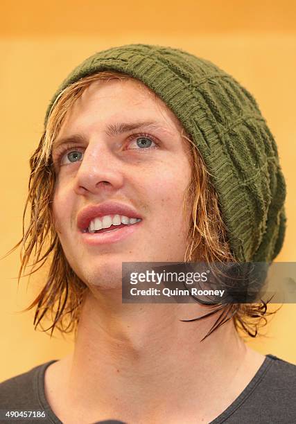 Brownlow Medal winner Nat Fyfe of the Dockers talks to the media during a media opportunity at Crown Entertainment Complex on September 29, 2015 in...