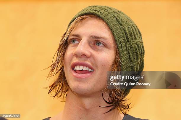 Brownlow Medal winner Nat Fyfe of the Dockers talks to the media during a media opportunity at Crown Entertainment Complex on September 29, 2015 in...