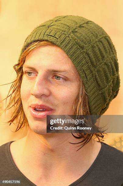 Brownlow Medal winner Nat Fyfe of the Dockers talks to the media during a media opportunity at Crown Entertainment Complex on September 29, 2015 in...