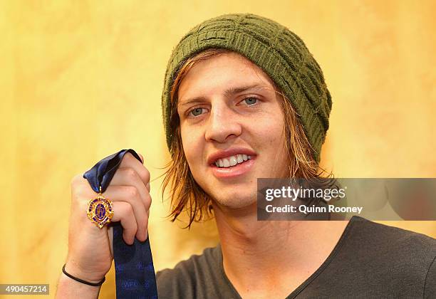 Brownlow Medal winner Nat Fyfe of the Dockers poses during a media opportunity at Crown Entertainment Complex on September 29, 2015 in Melbourne,...