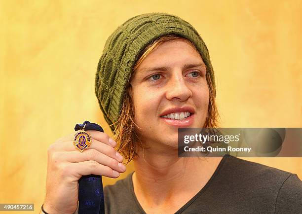 Brownlow Medal winner Nat Fyfe of the Dockers poses during a media opportunity at Crown Entertainment Complex on September 29, 2015 in Melbourne,...