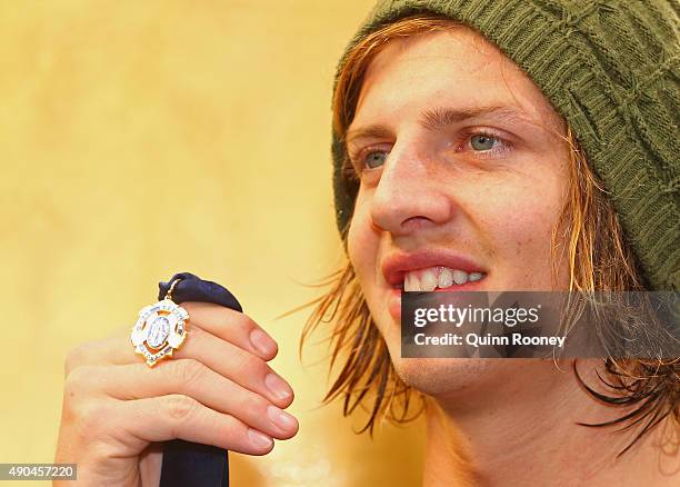 Brownlow Medal winner Nat Fyfe of the Dockers poses during a media opportunity at Crown Entertainment Complex on September 29, 2015 in Melbourne,...