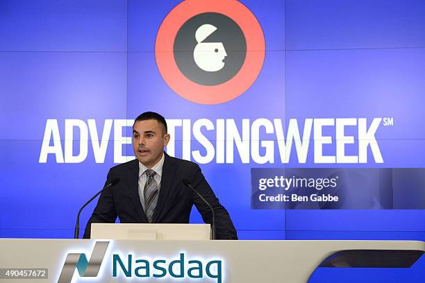 Advertising Week President and COO Lance Pillersdorf rings The NASDAQ Closing Bell during Advertising Week 2015 at NASDAQ MarketSite on September 28,...