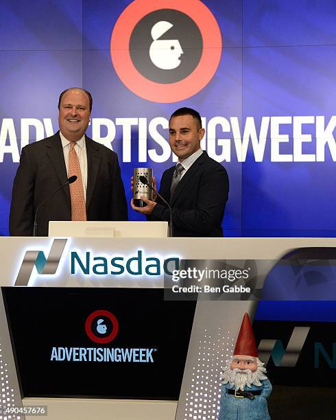David Wicks and Advertising Week President and COO Lance Pillersdorf ring The NASDAQ Closing Bell during Advertising Week 2015 at NASDAQ MarketSite...