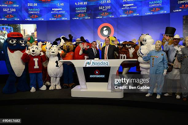 David Wicks, Advertising Week President and COO Lance Pillersdorf with the Advertising Week brand mascots ring The NASDAQ Closing Bell during...