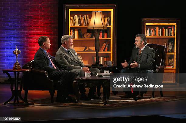 Davis Love III , Darren Clarke and broadcaster David Feherty are pictured during the 2016 Ryder Cup Captains' Fireside Chat hosted by David Feherty...